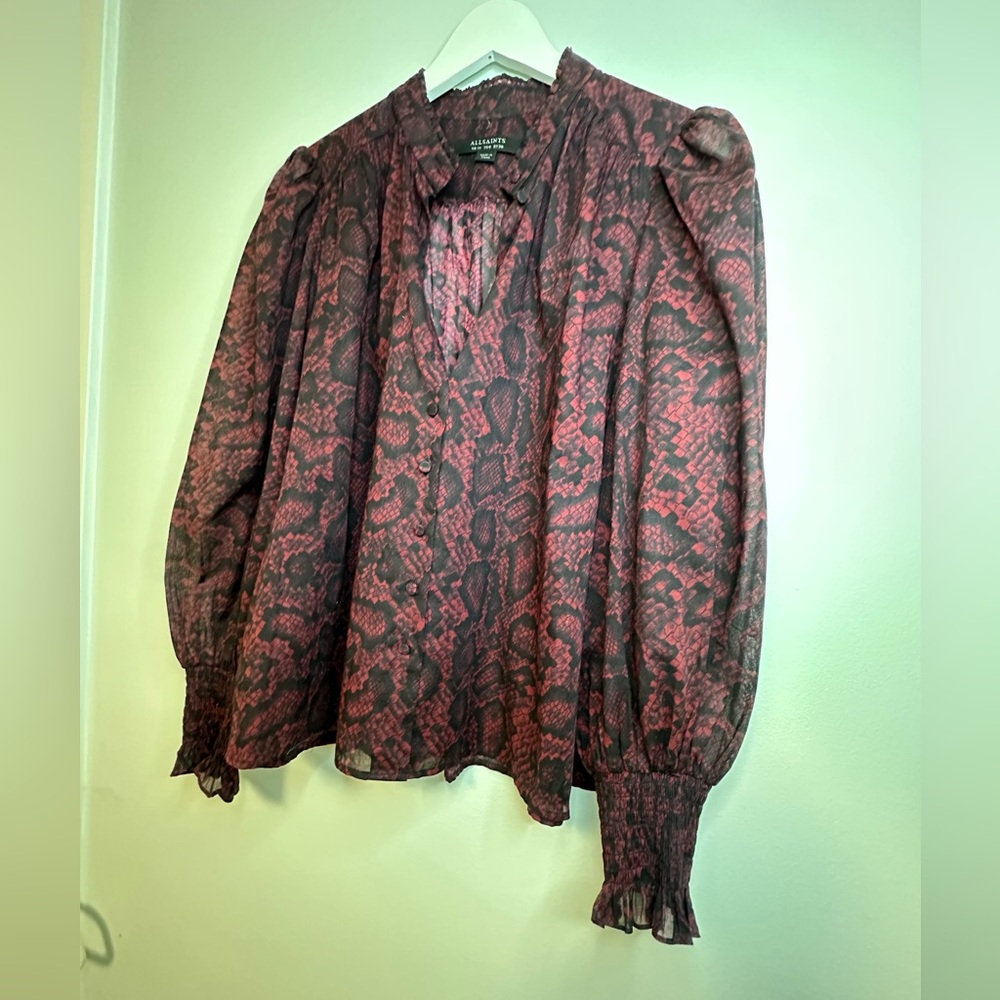 ALLSAINTS Leonie Stanza Shirt in Burgundy Red Python Sheer Print US Size 6 - Picture 12 of 17